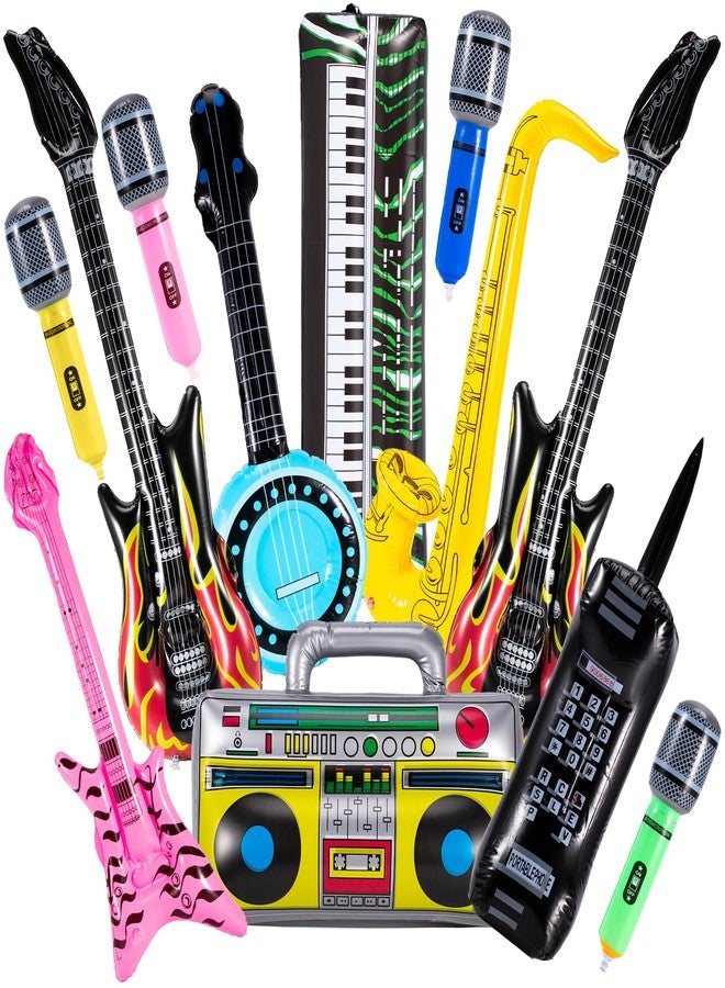 PLMMOUT 12 Pcs Inflatable Instruments,Inflatable Rock Star Toy Set,Inflatable Guitar,Blow up Guitar Inflatable Saxophone Inflatable Microphones Bass Lute Boombox Phone Piano,80s 90s Party Decorations - Image 1